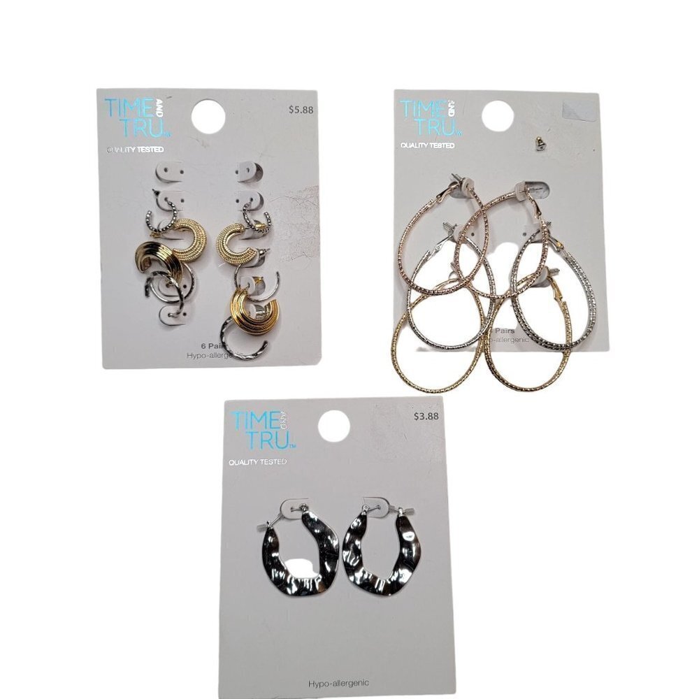 Time And Tru Hoop Earring Set Silver Gold 9 Pairs Textured Metals NWT